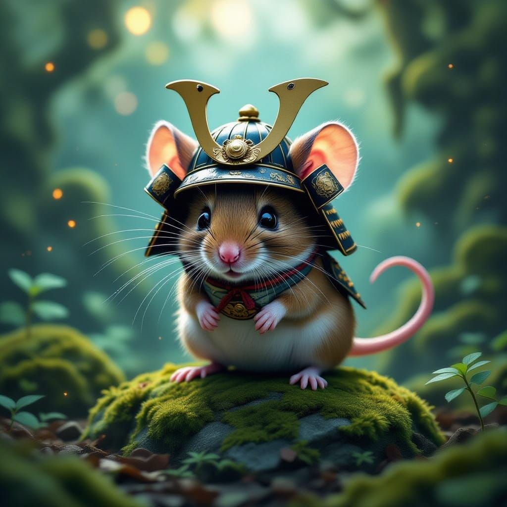 Surreal Mouse Samurai in Mystical Garden