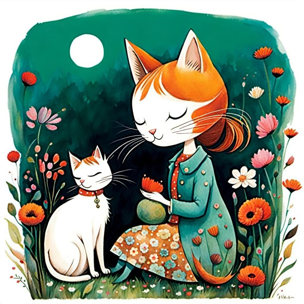 Charming Cat and Girl Illustration