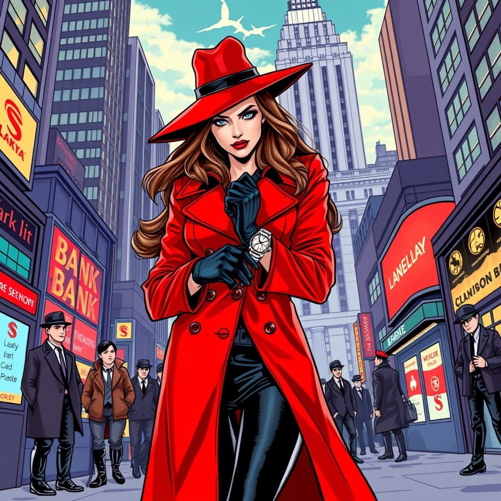 Glamorous City Siren in Red Trench Coat and Hat