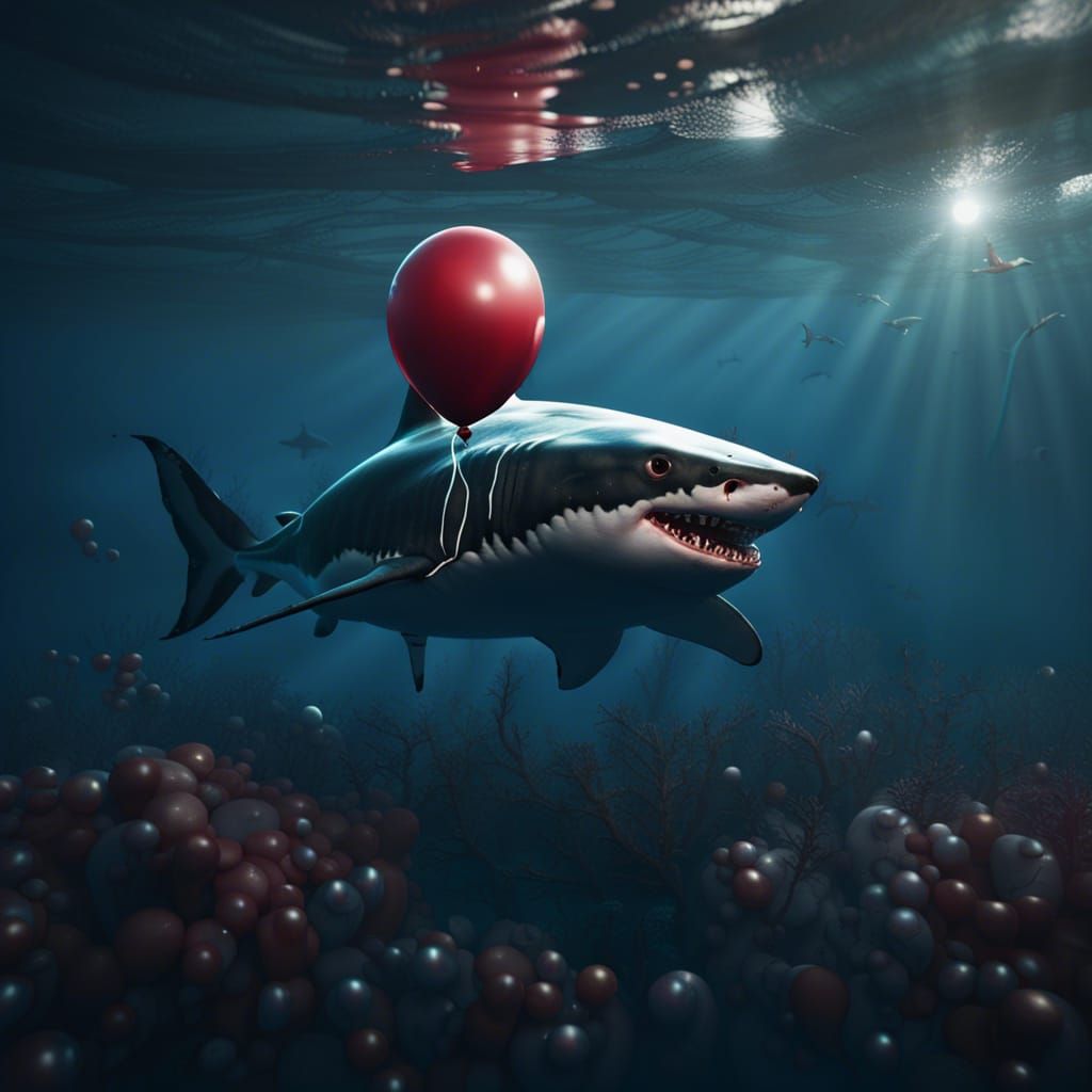 Balloon Great White Shark in Ocean, Detailed Digital Art