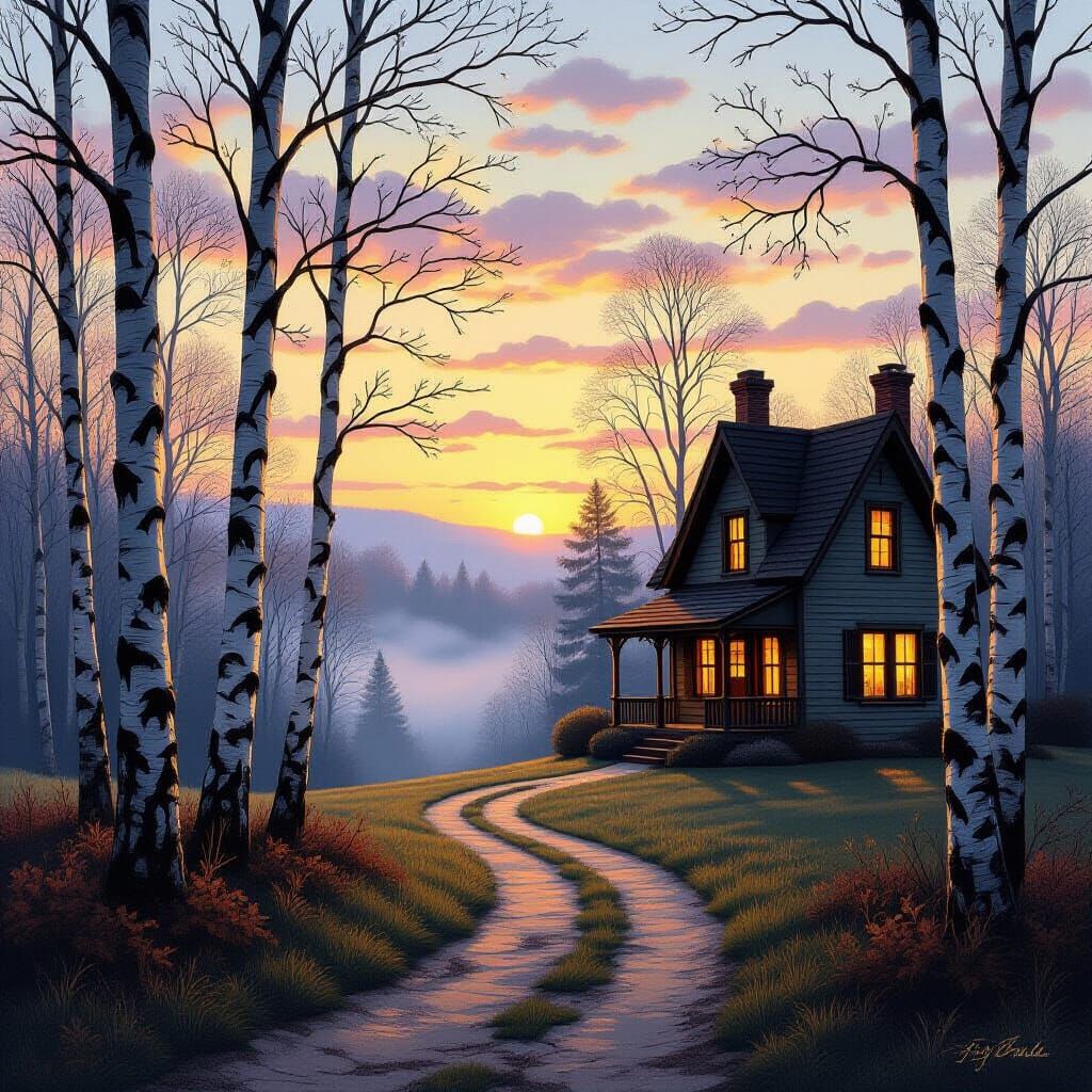 Sunset Cottage in New England Woods, Whimsical Style