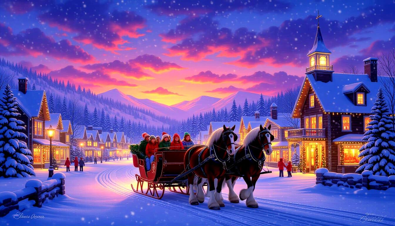 Magical Winter Village with Horse-Drawn Sleigh