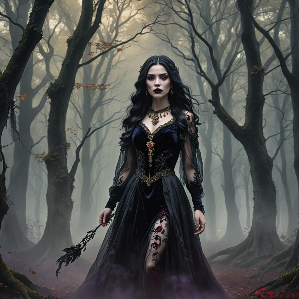 Mysterious Woman in Misty Woods: Dark Fantasy Art