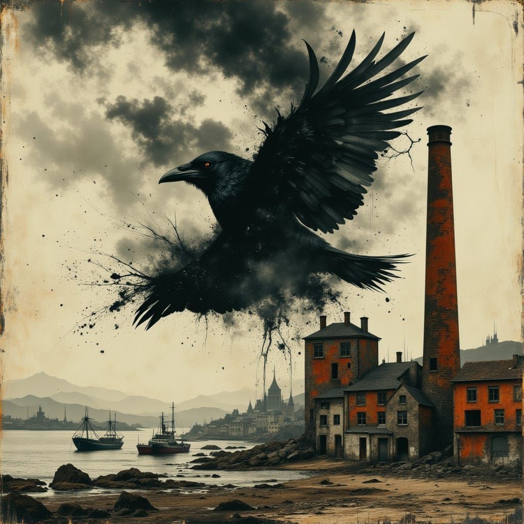 Smoky Raven Rising: Dark Surrealism in Grungy Cityscape
