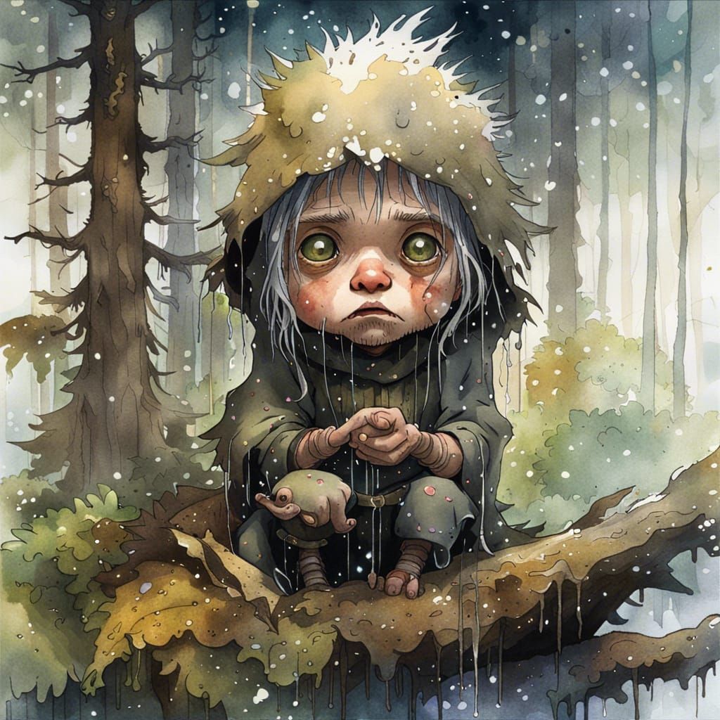 Baba Yaga in Forest, Watercolor Jean-Baptiste Monge Style