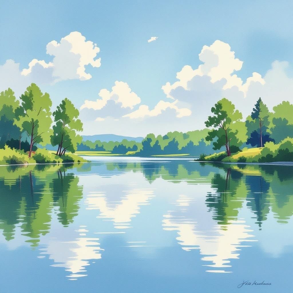 Tranquil Lake Reflection in Painterly Watercolor Style