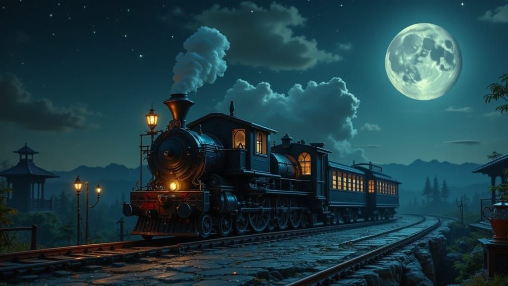 Mysterious Night Train Under Starry Sky