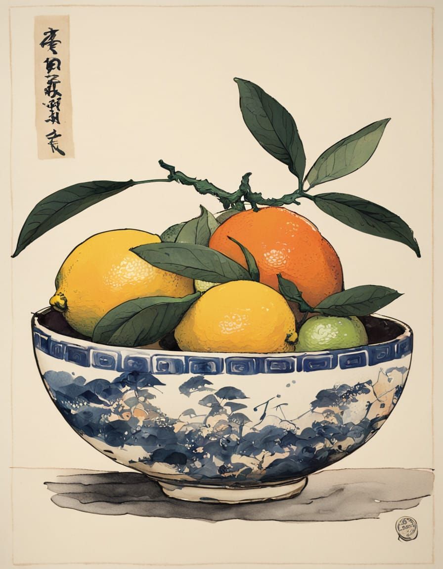 Vibrant Citrus Still Life in Ink and Wash Style
