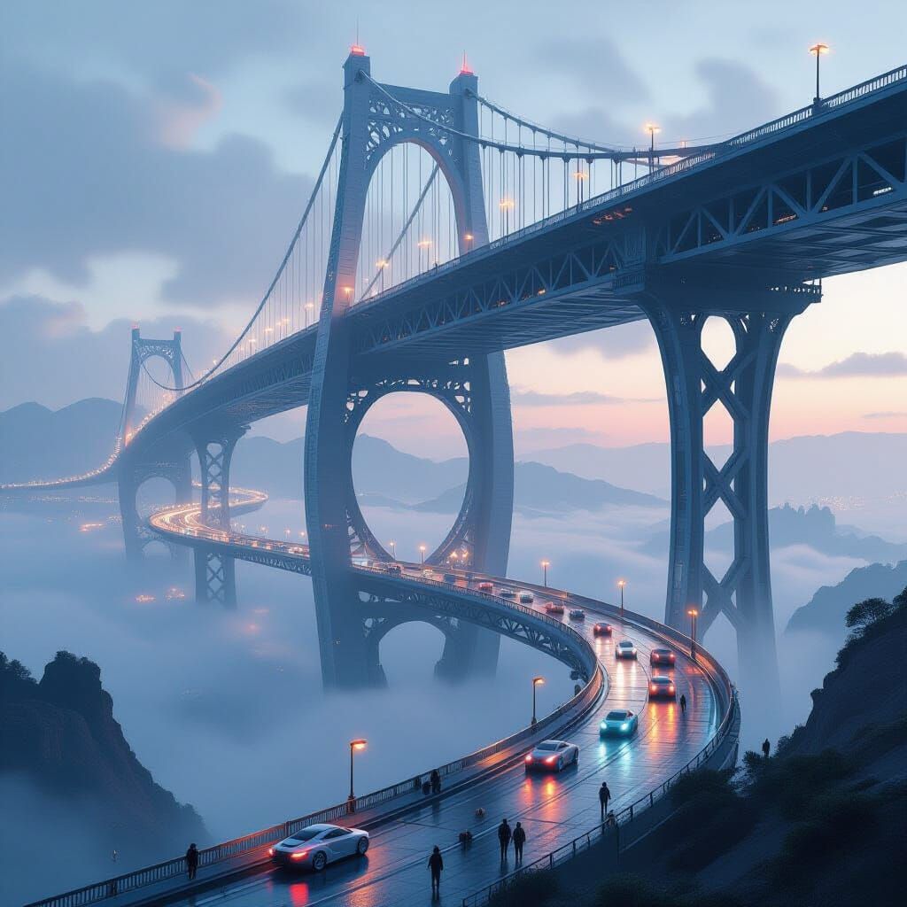 Futuristic Bridge Pierces Misty Dawn