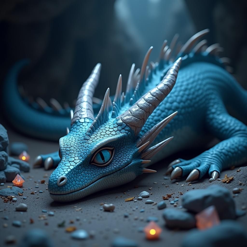 Blue Dragon Sleeping in Crystal Cave, Realistic Scales
