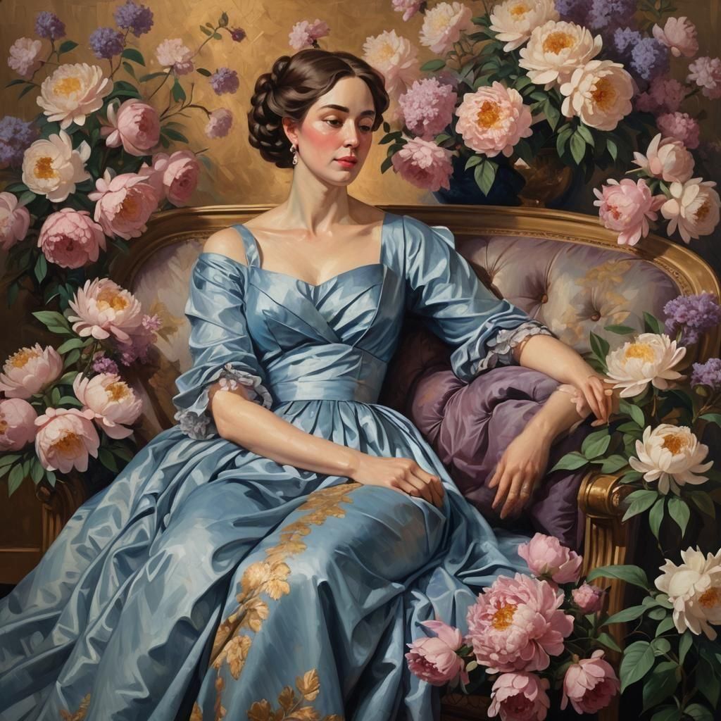 Woman in Blue Dress: Neoclassical Impasto Painting