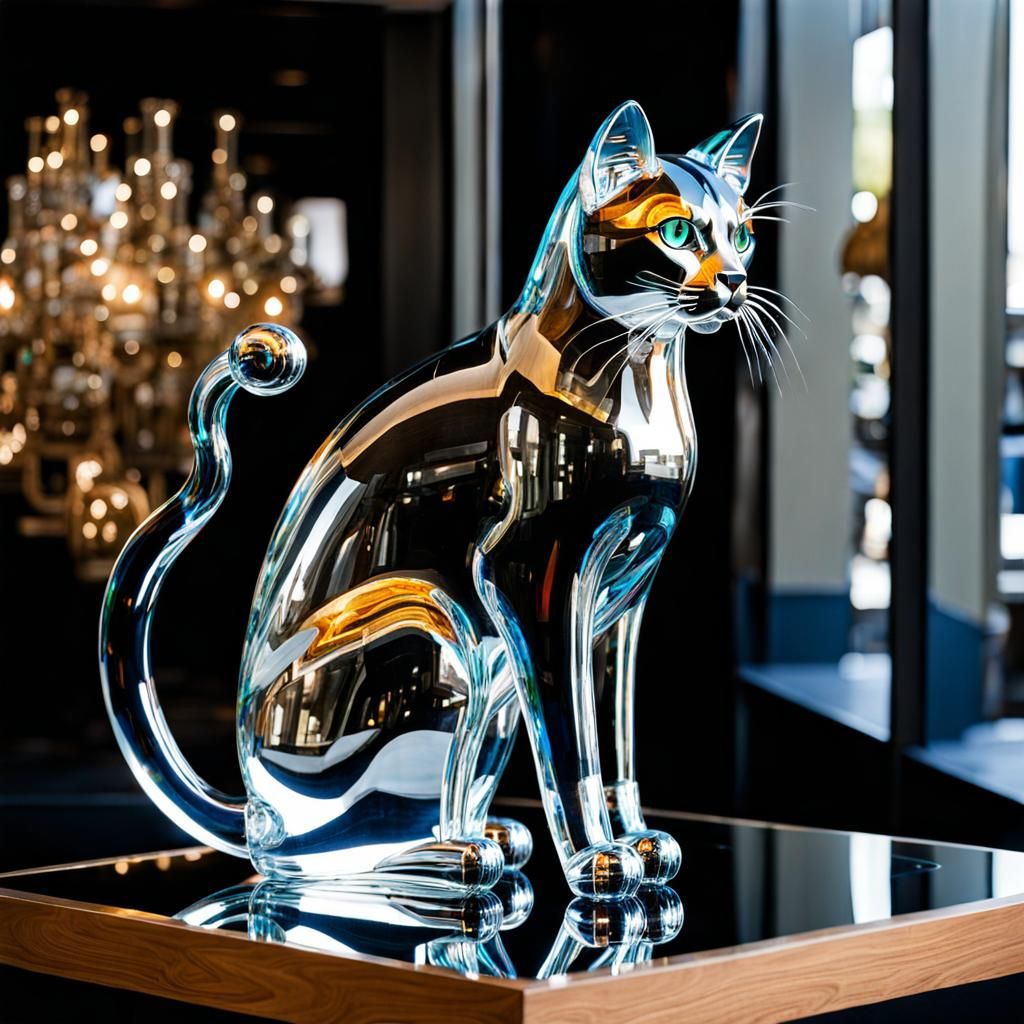 Transparent Blown Glass Cat Sculpture on Mirrored Platform