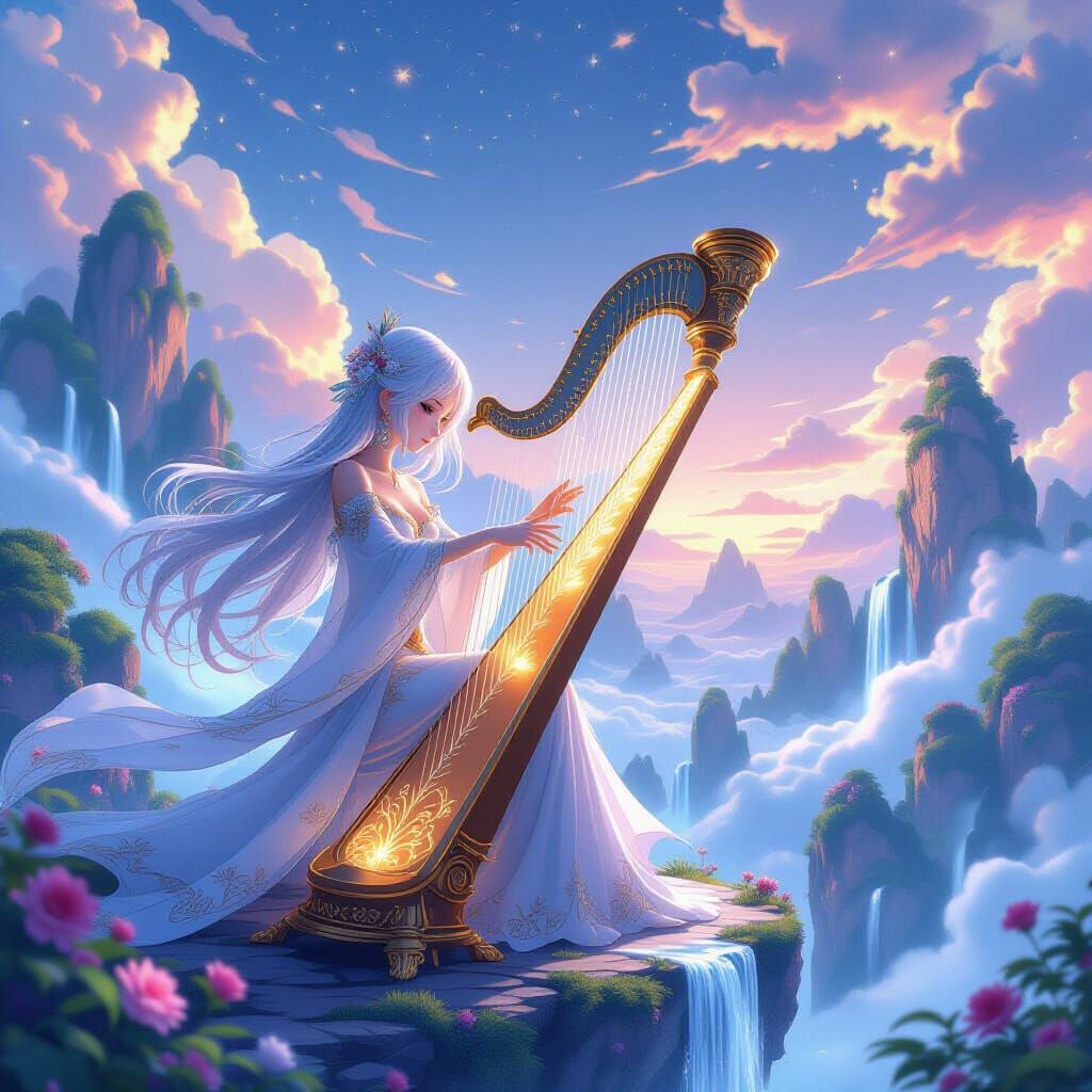Ethereal Anime Character Plays Celestial Harp in Fantasy Lan...