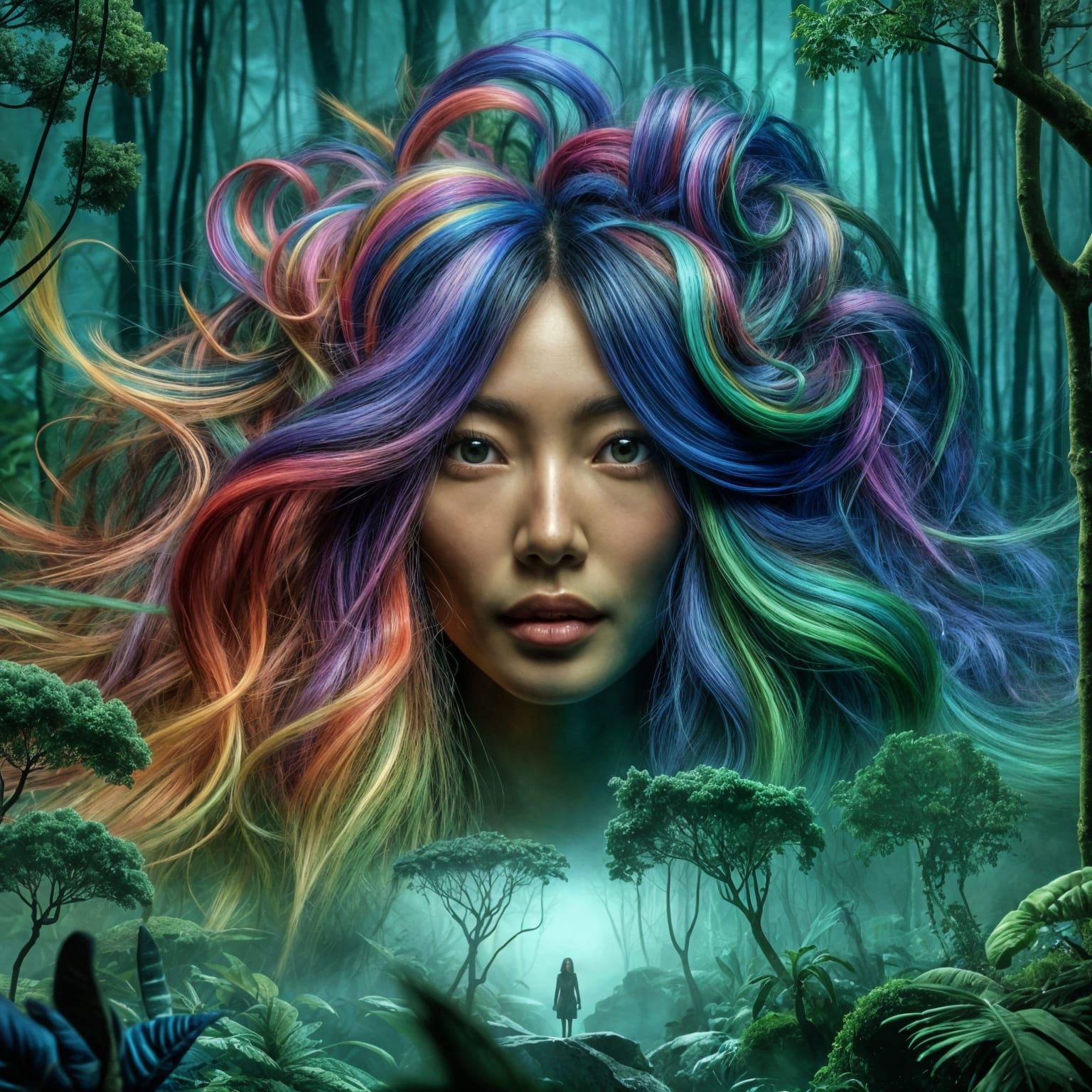 Rainbow Haired Woman in Surreal Jungle Scene