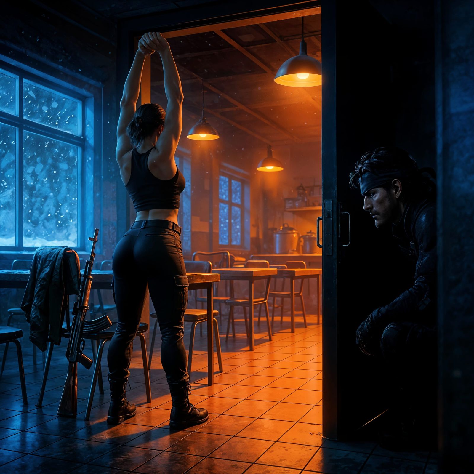 Stealth Operative in Shadow Amidst Snowstorm