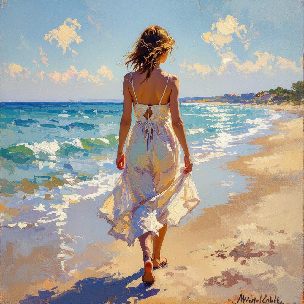 Girl on Beach in Impressionist Style