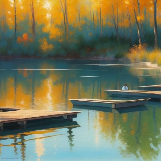 Impressionist Painting of People on Dock at Sunset