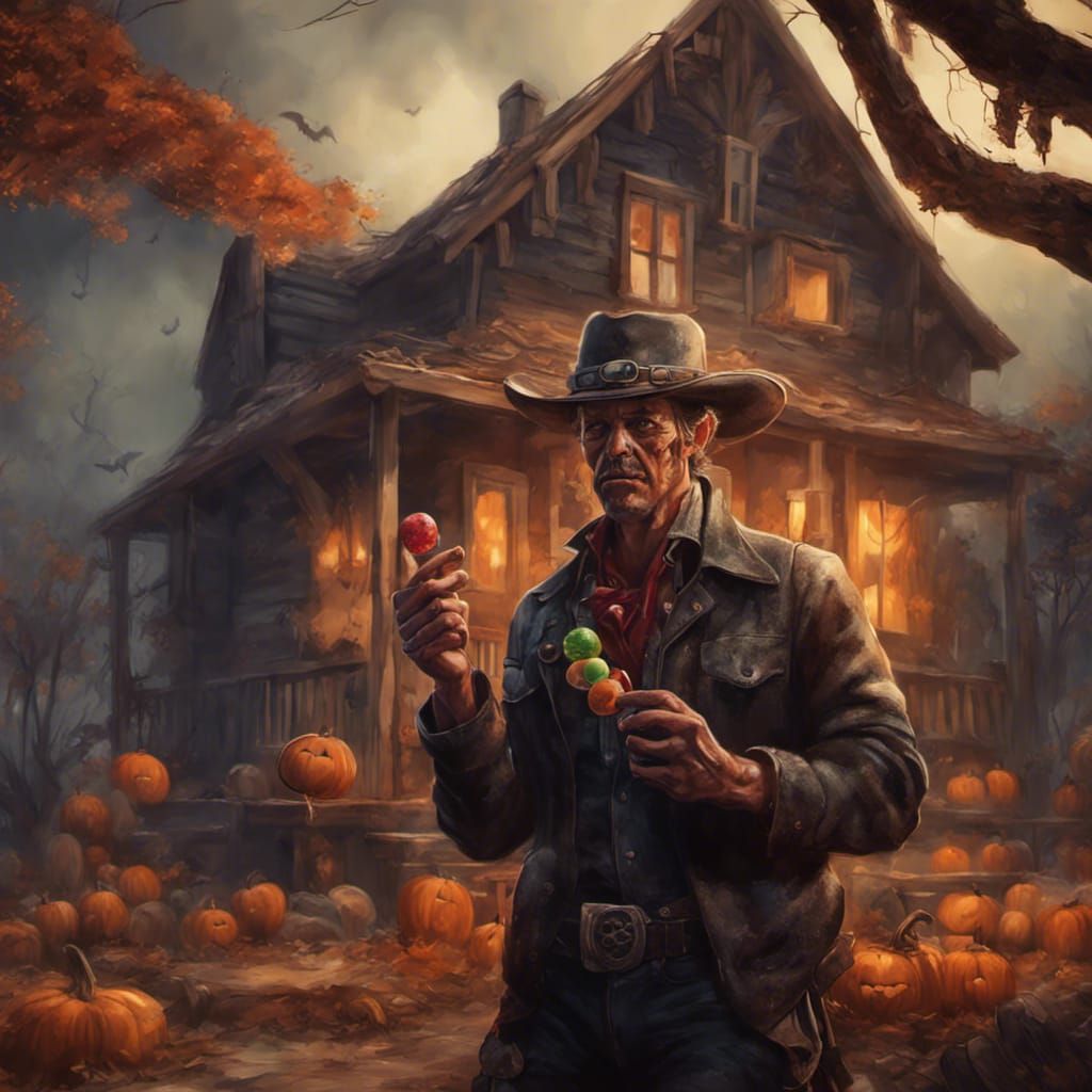 Tough Cowboy's Halloween Treat: An Oil Painting