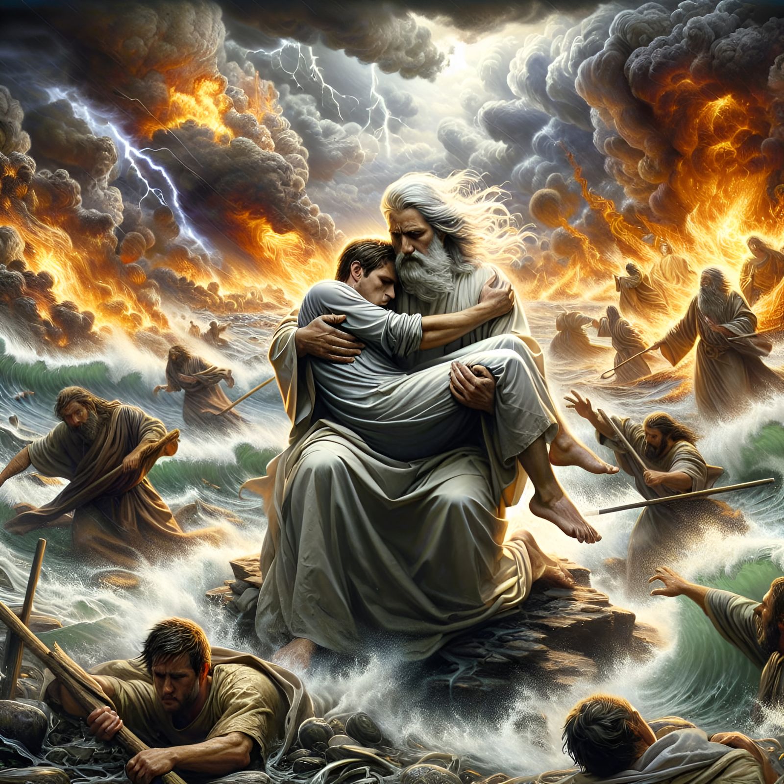 Benevolent Figure Protects Amidst Storm in Matte Painting