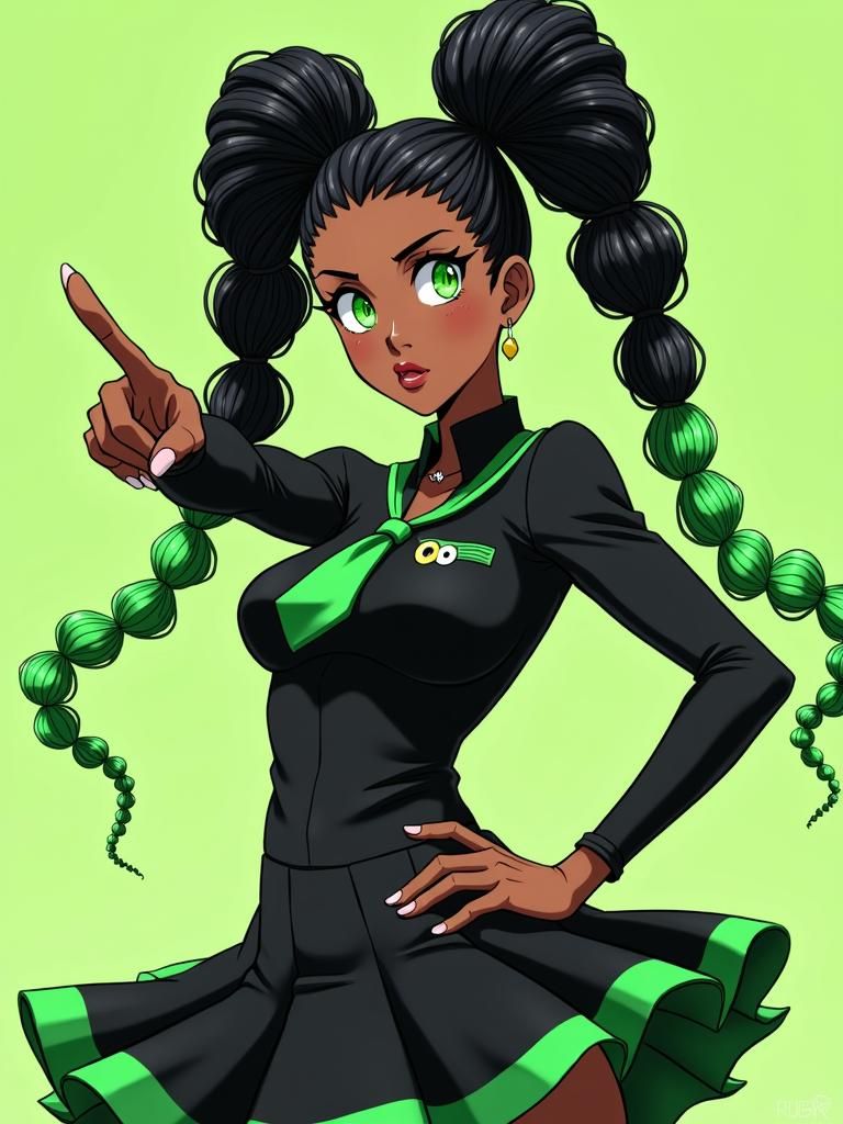 Anime-Style African American Superheroine in Green and Black