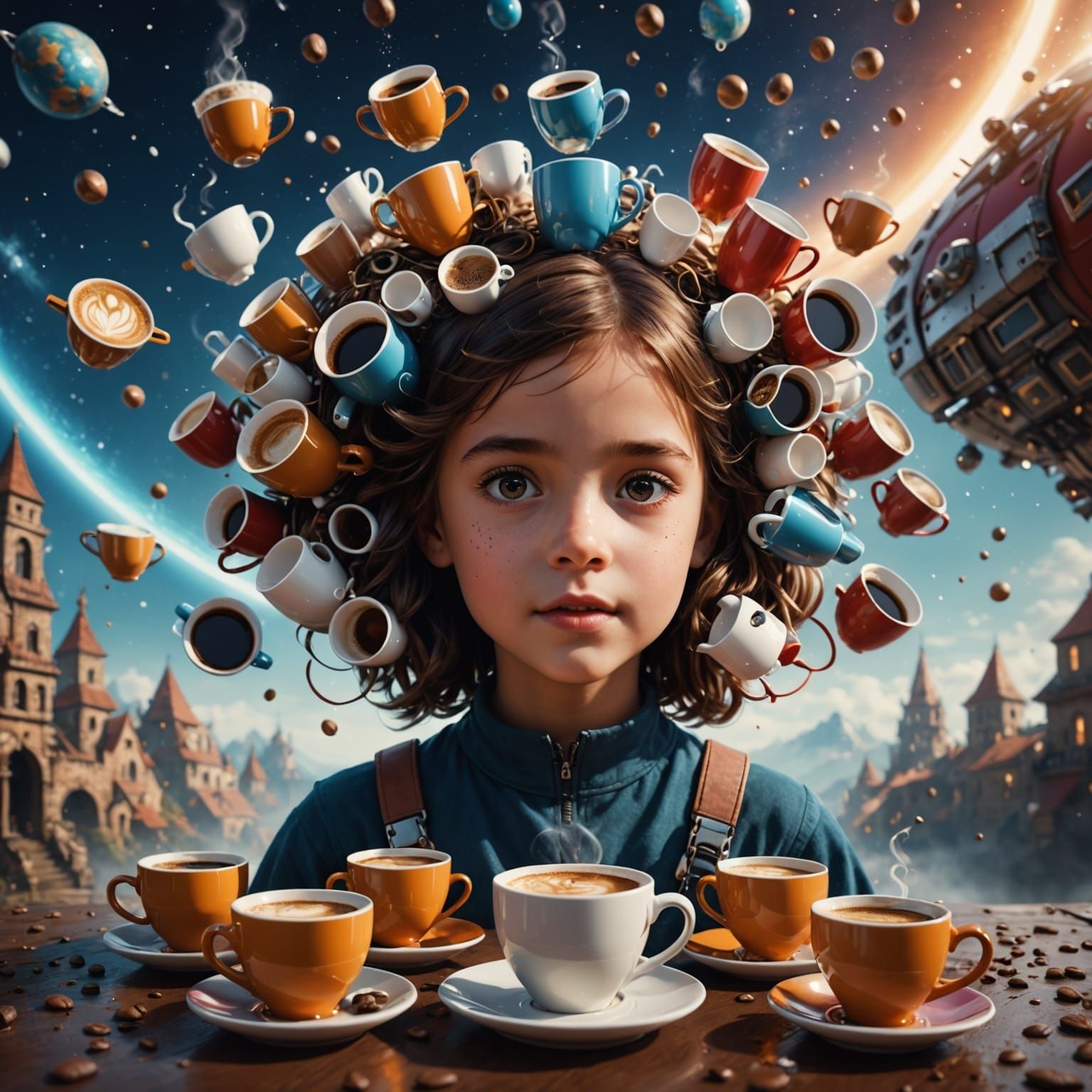 Fantastical Spacecraft of Coffee Cups and Playful Child