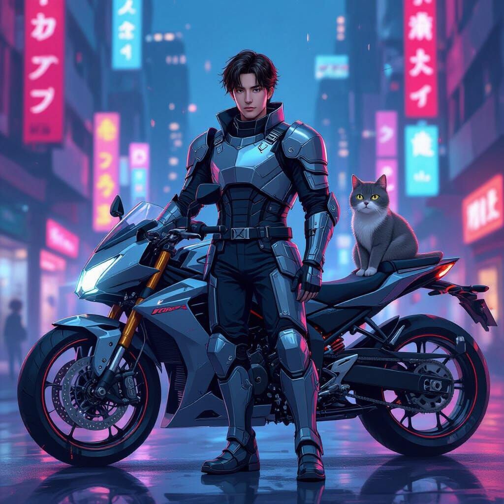 Cyberpunk Knight with Cat, in Anime Sketch Style