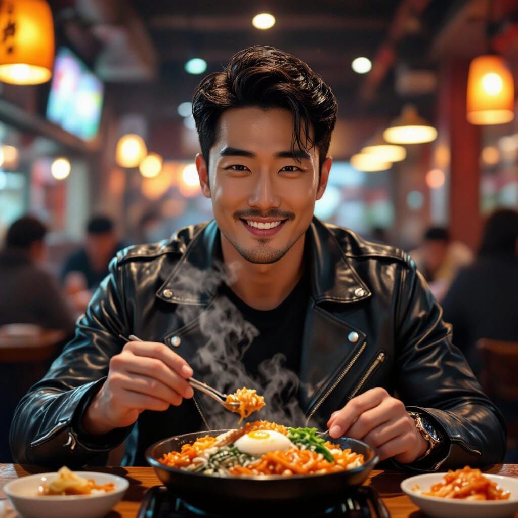 Handsome Man Enjoys Korean Food in Bustling Restaurant