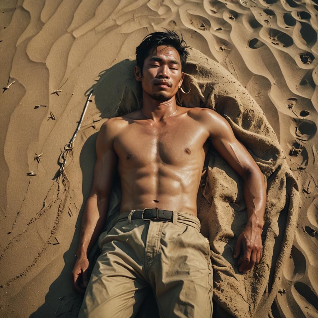 Fisherman Sleeping on Sandy Beach: Cinematic Film Still