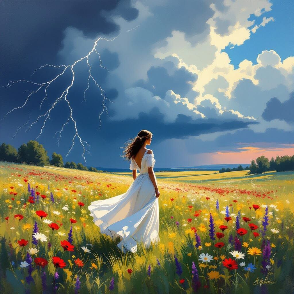 Serene Woman in Meadow Under Approaching Storm