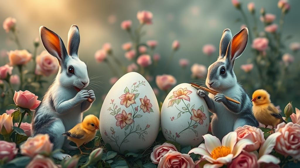 Easter Eggs Painted by Rabbits in Fairy Tale Landscape