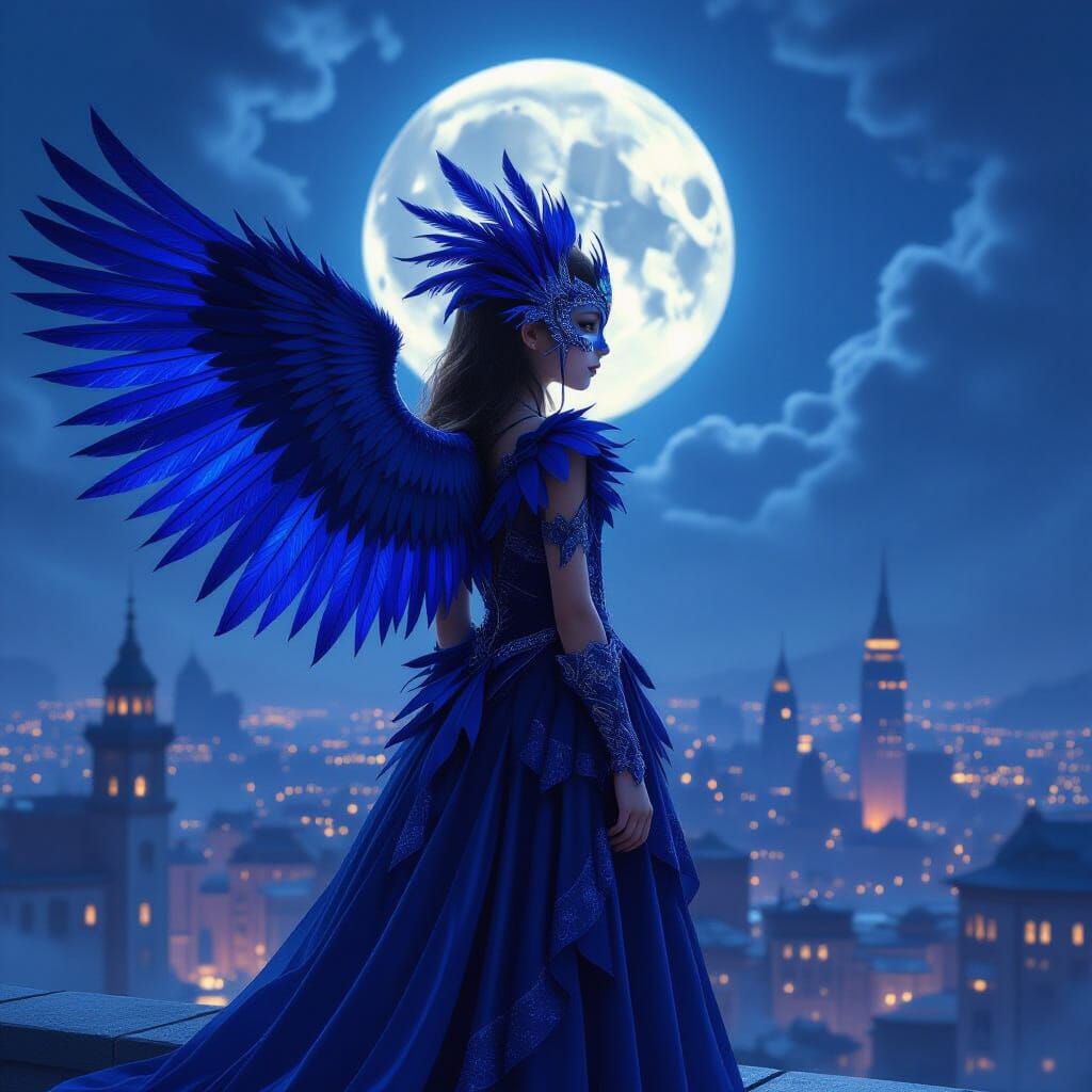 Girl in Crow Costume on Rooftop Overlooking City