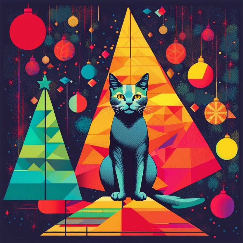 Cat Decorating Christmas Tree in Pop Art Style