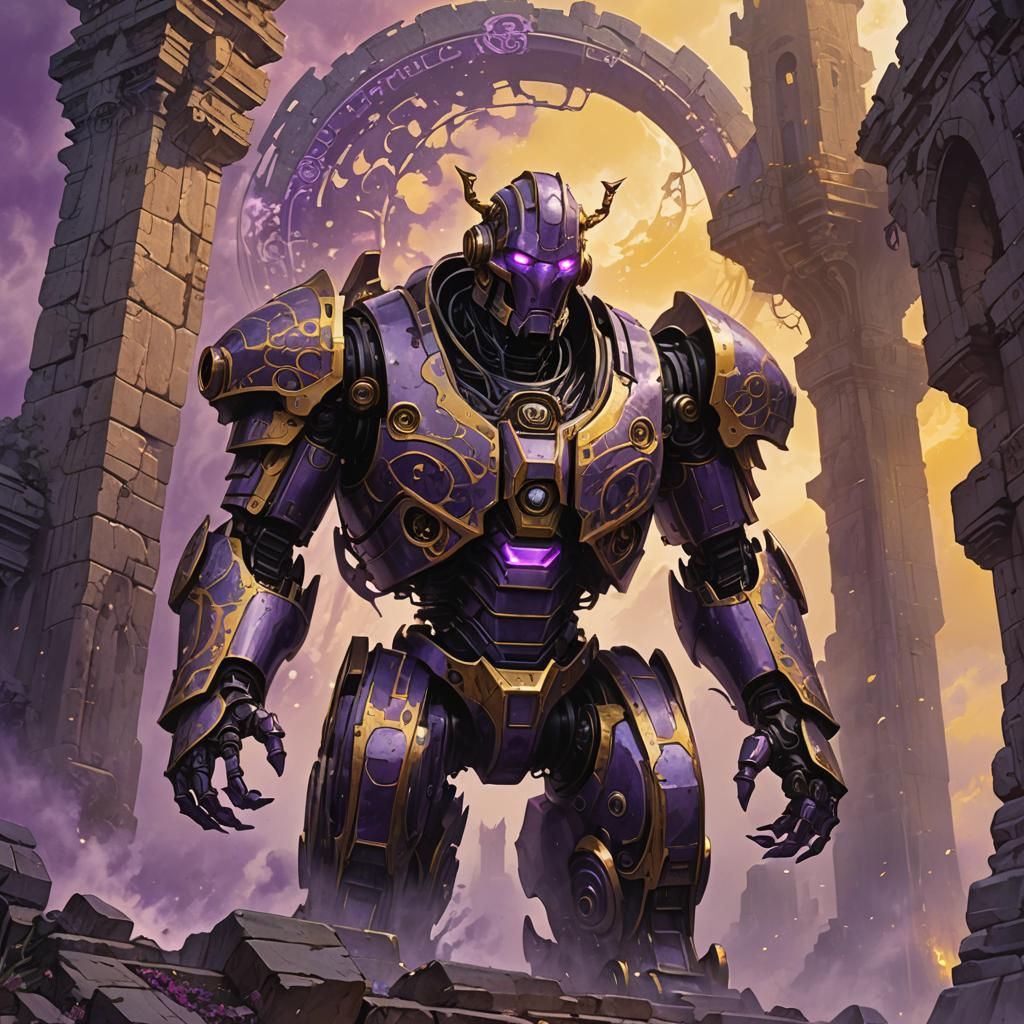 Colossal Iron Robot Rises: Dark Fantasy Art