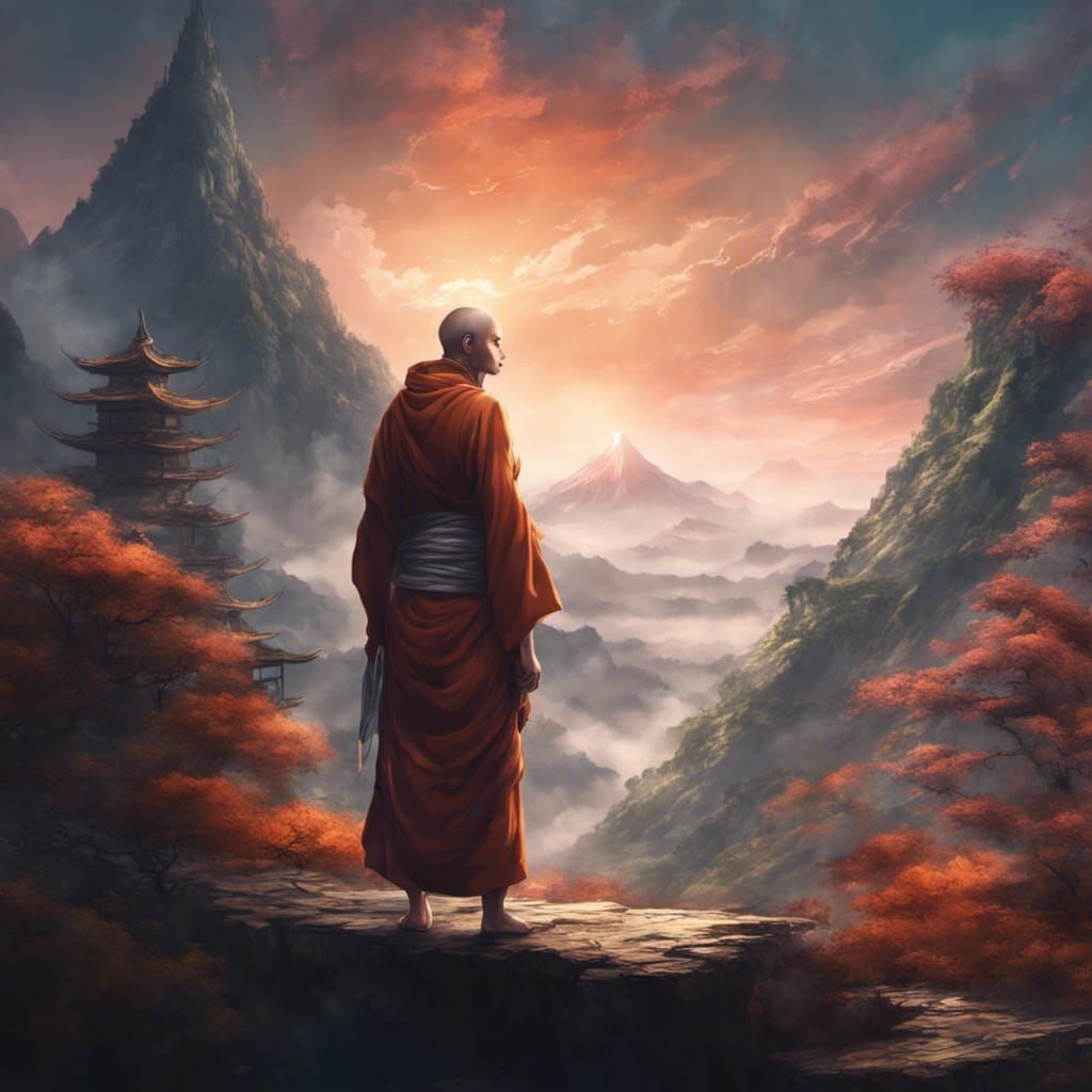 Young Monk at Mountain Base in Anime Style