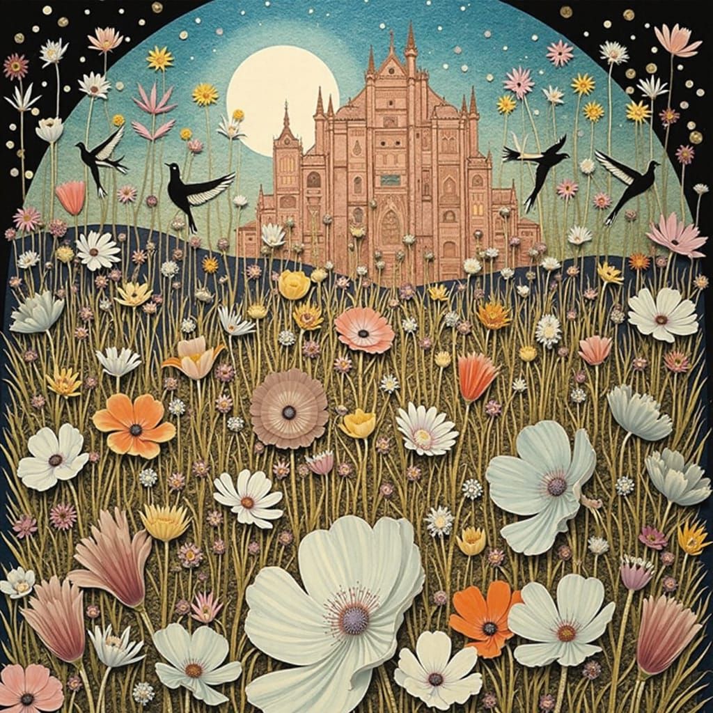 Steel Cityscape Meets Fragile Flowers in Surreal Dreamscape