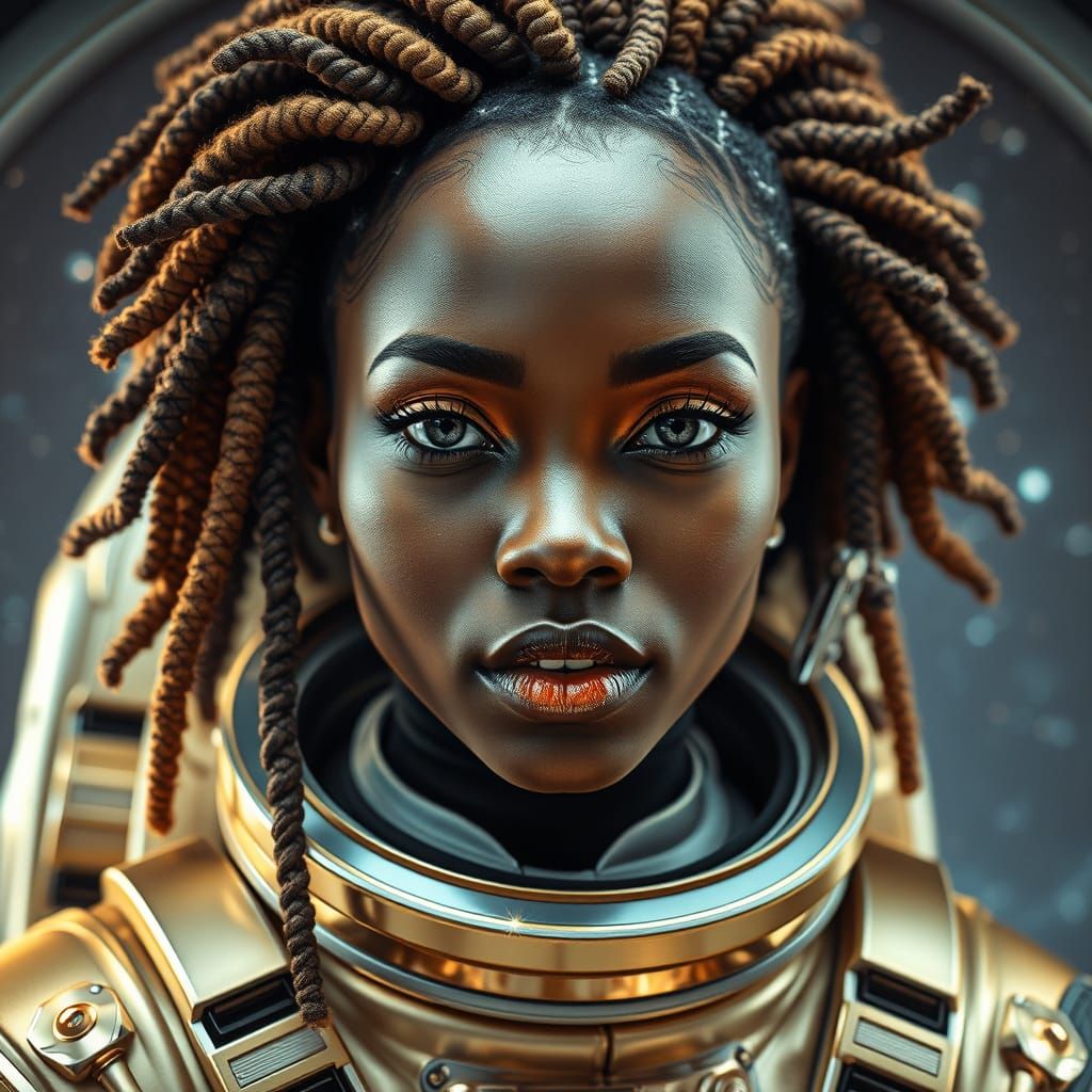 African Astronaut in Futuristic Golden Space Suit with Elega...