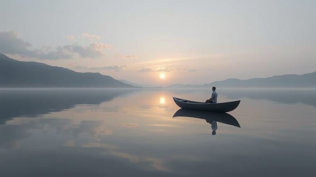 Serene Minimalist Landscape with Boat and Lotus Lake