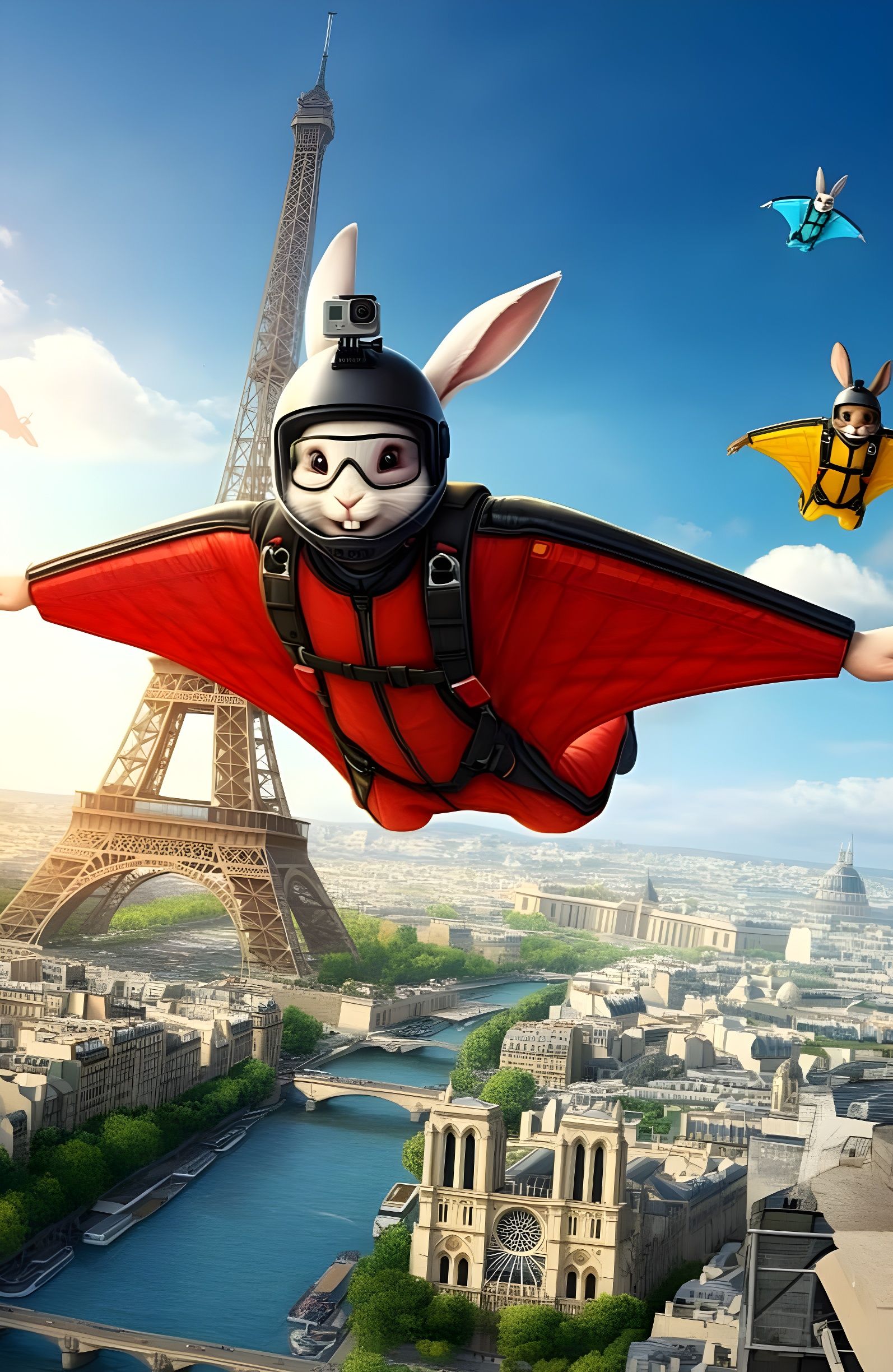 Cheerful Rabbits Soar through the City of Light in Vibrant W...