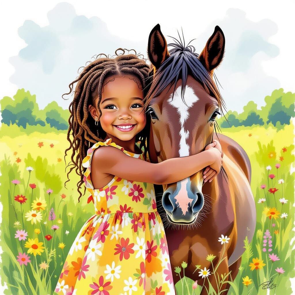 Girl Hugging Horse in Watercolor Style