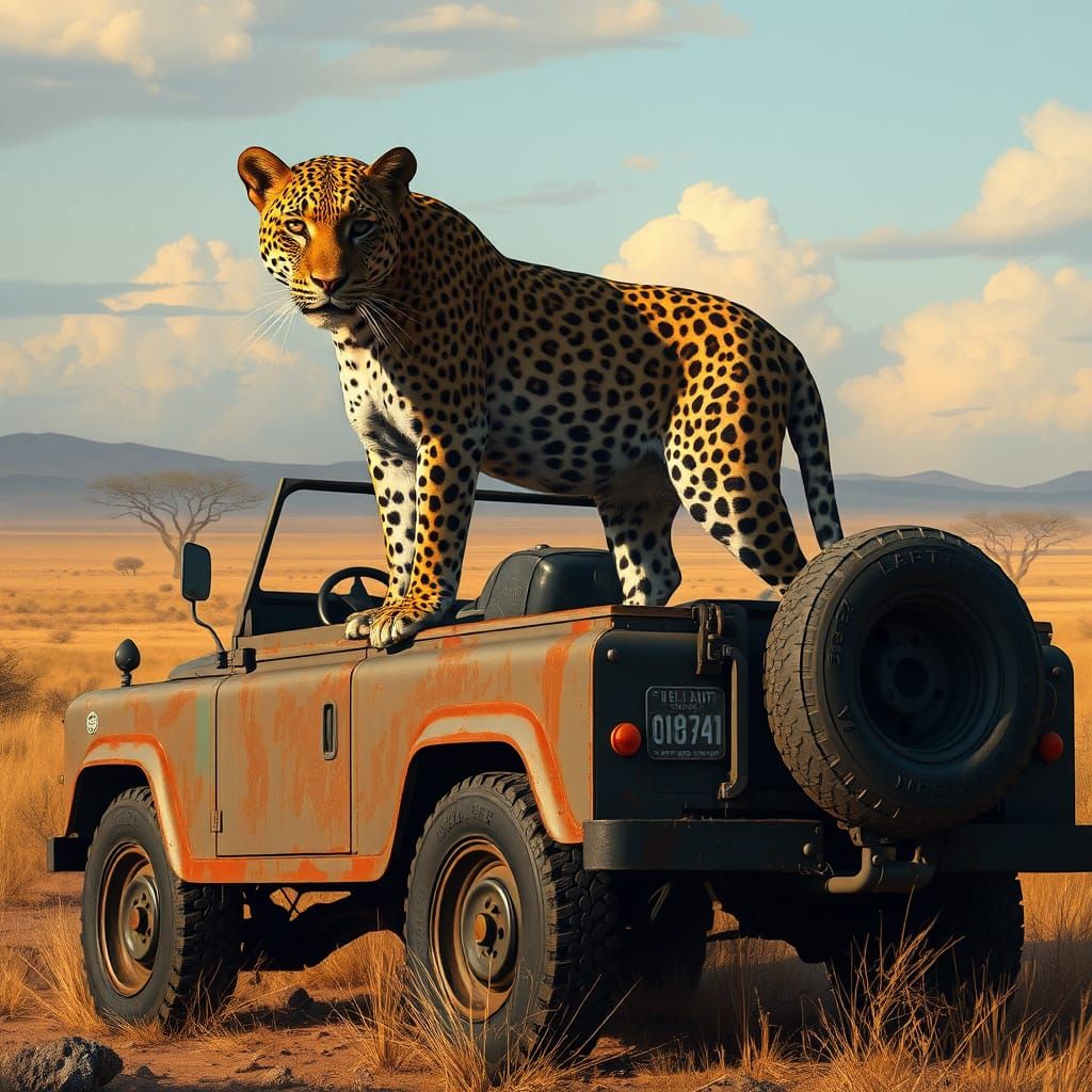 Leopard on Landrover: Matte Painting Style