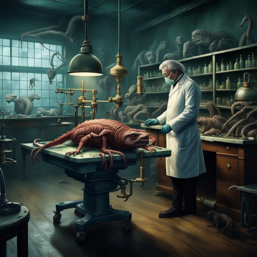 Victorian Scientist Observes Animal Creature in Laboratory
