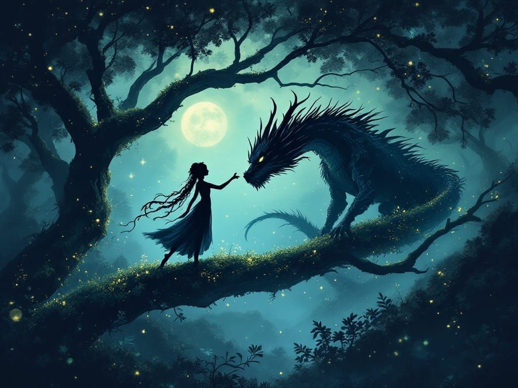 Elegant Silhouette Art of Tiny Fairies Dancing with a Majest...