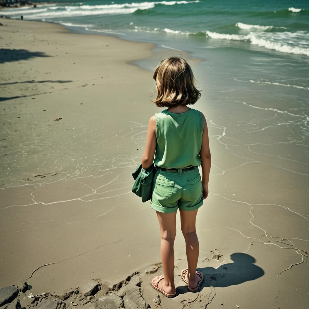 Retro 80s Girl on Beach, Hyperrealistic Photo