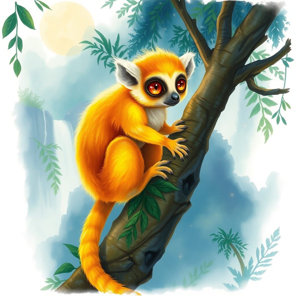 Bioluminescent Lemur in Jungle Valley, Painterly Style