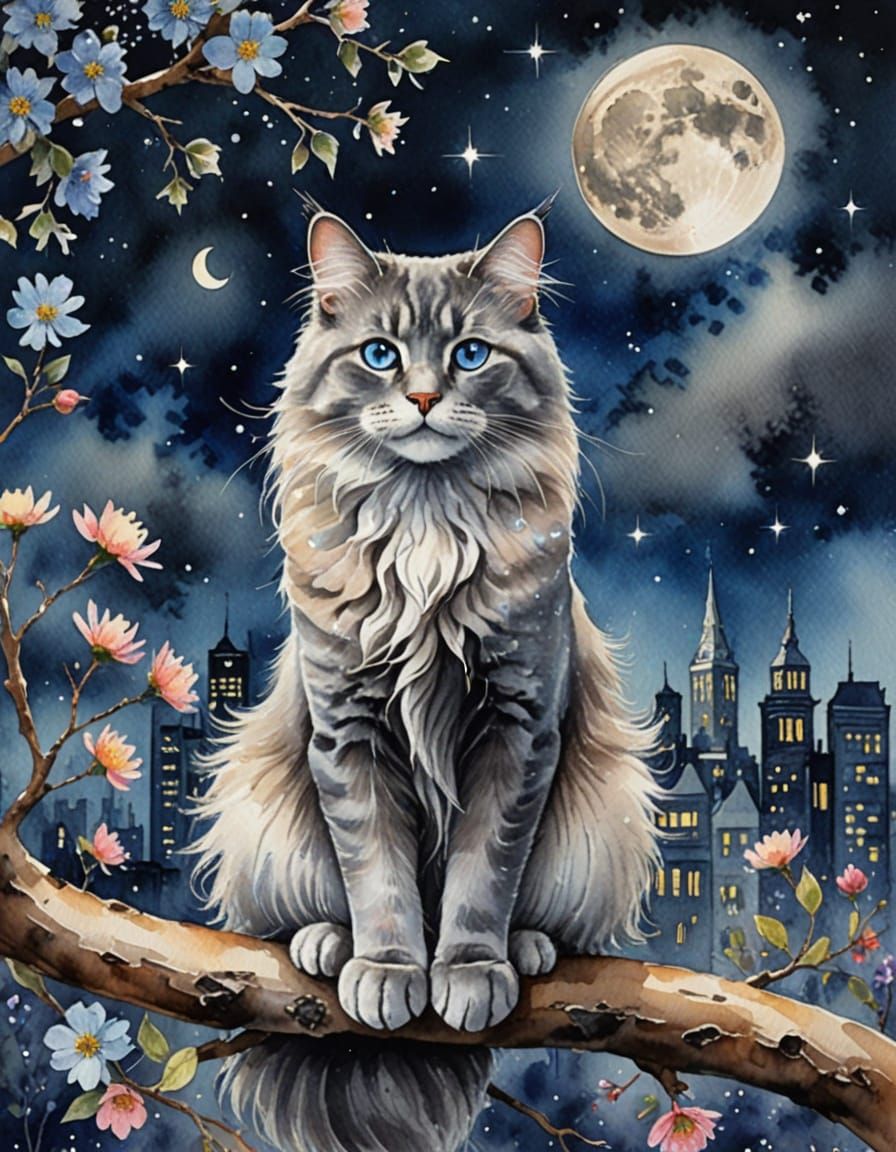 Grey Cat in Watercolor Oil-Painting Under Moonlight