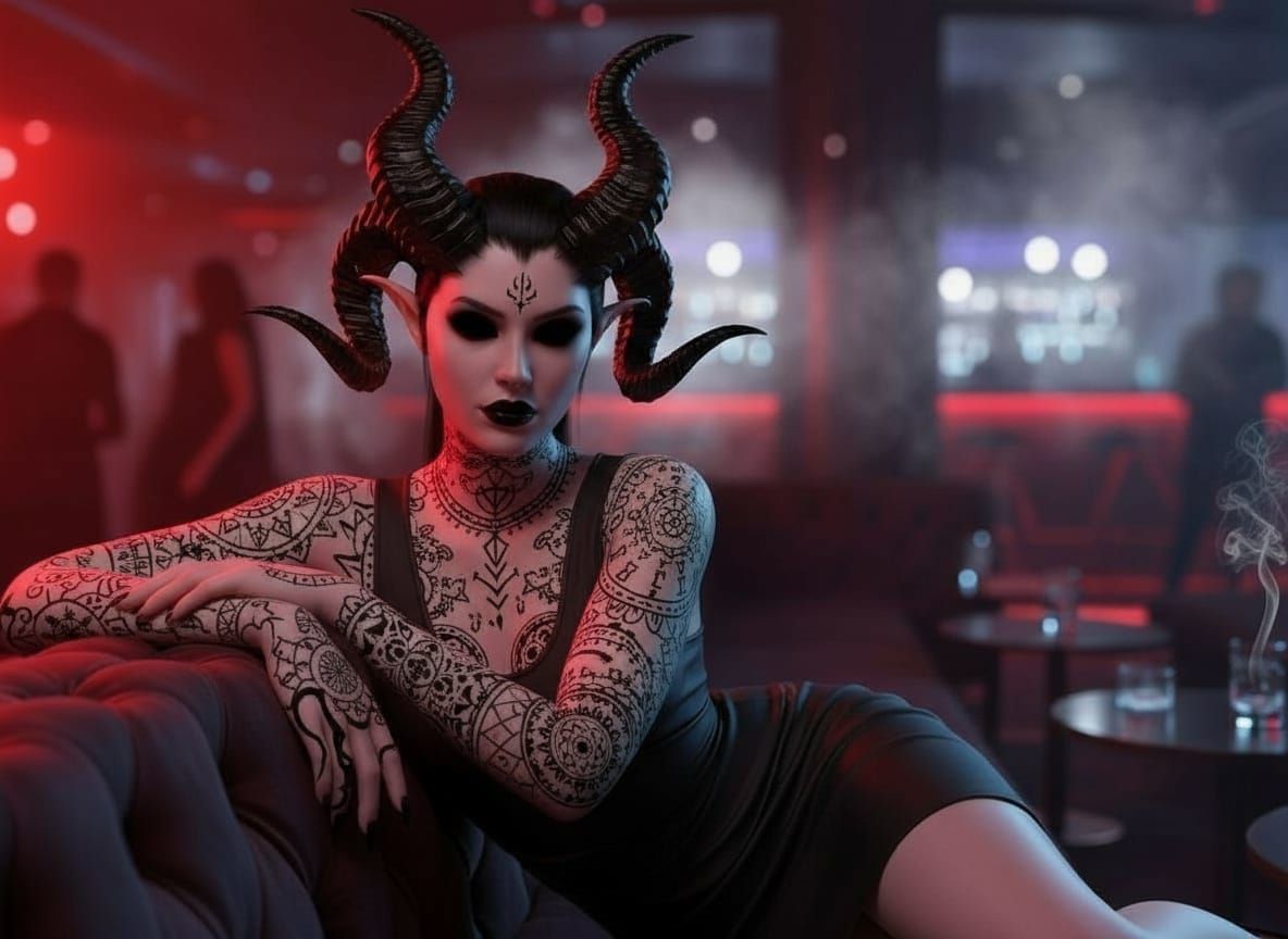 Female Demon with Black Horns and Tattoos in Nightclub