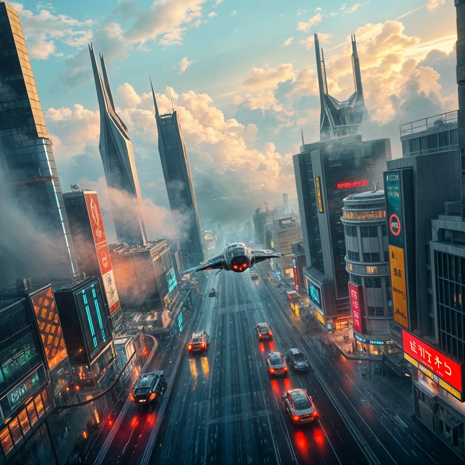Futuristic Cityscape with Flying Cars and Skyscrapers