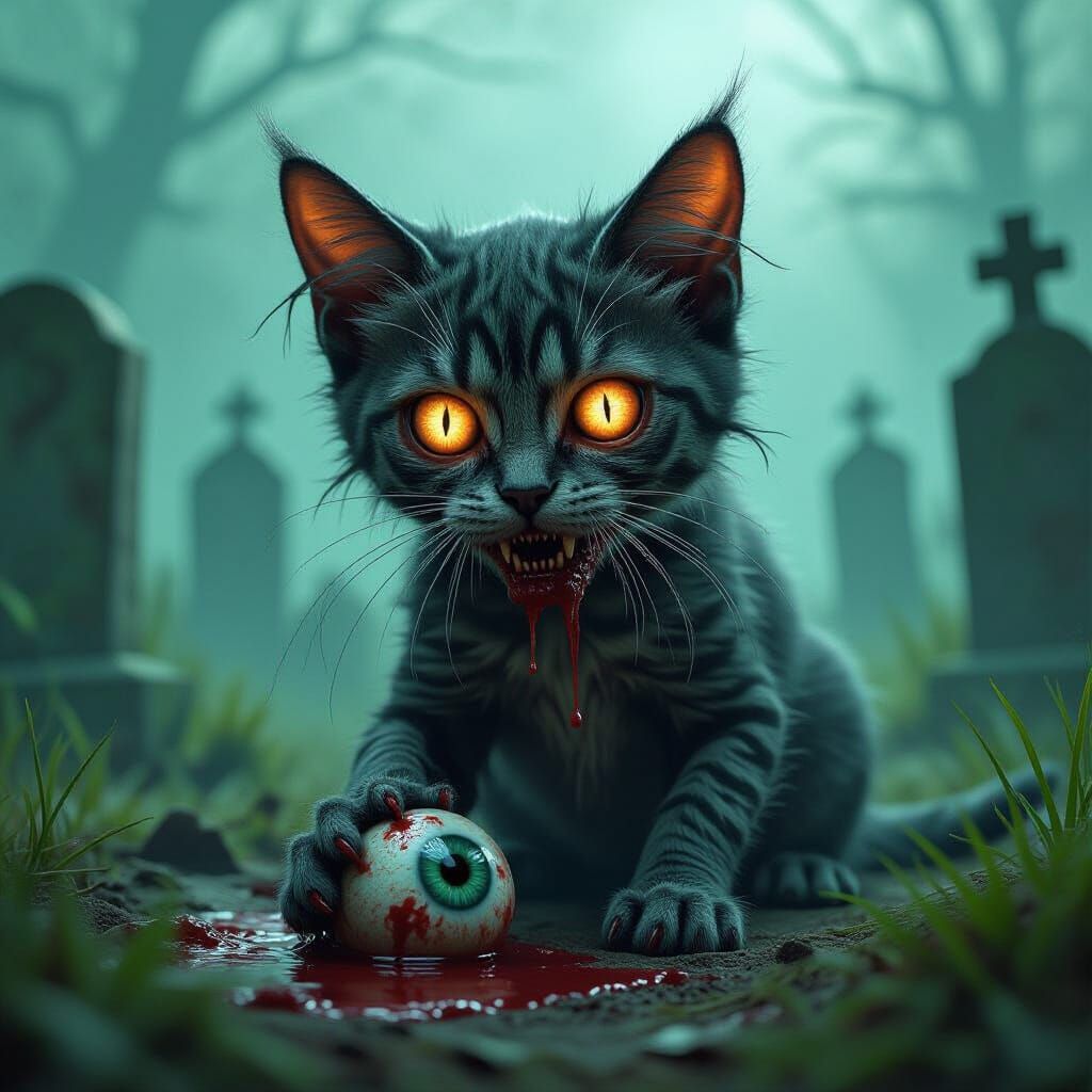 Undead Zombie Cat in Graveyard, Gothic Horror Style