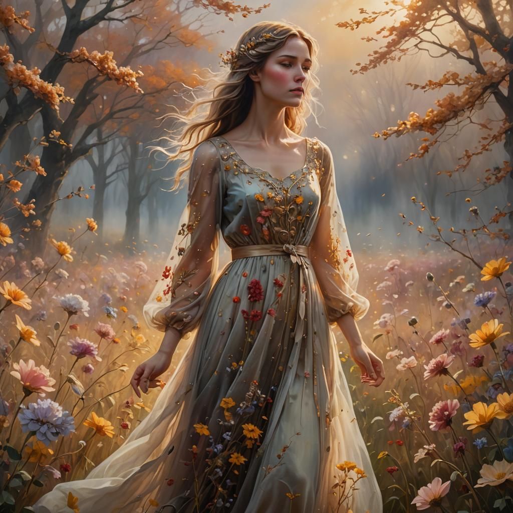 Woman in Autumn Flowers: Ethereal Oil Painting