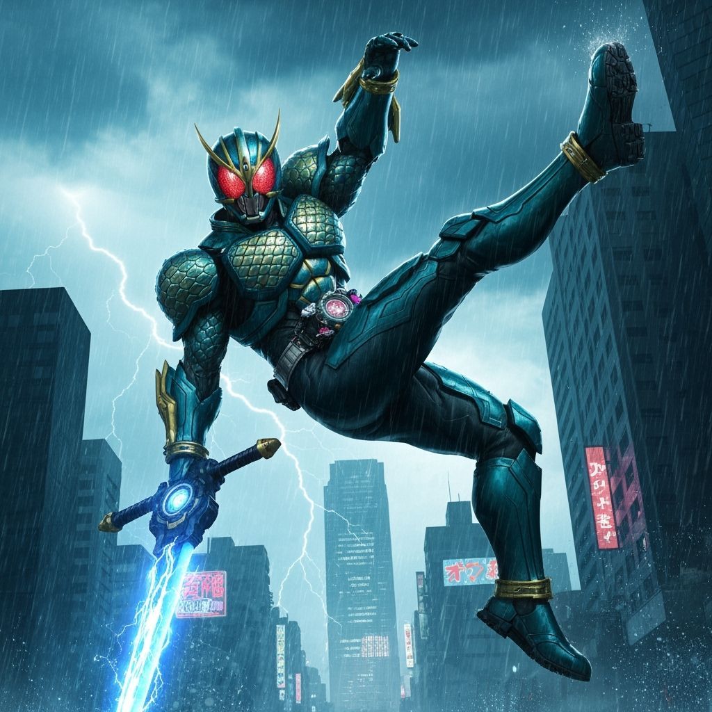 Bahamut Kamen Rider's Electric Kick in Rain City